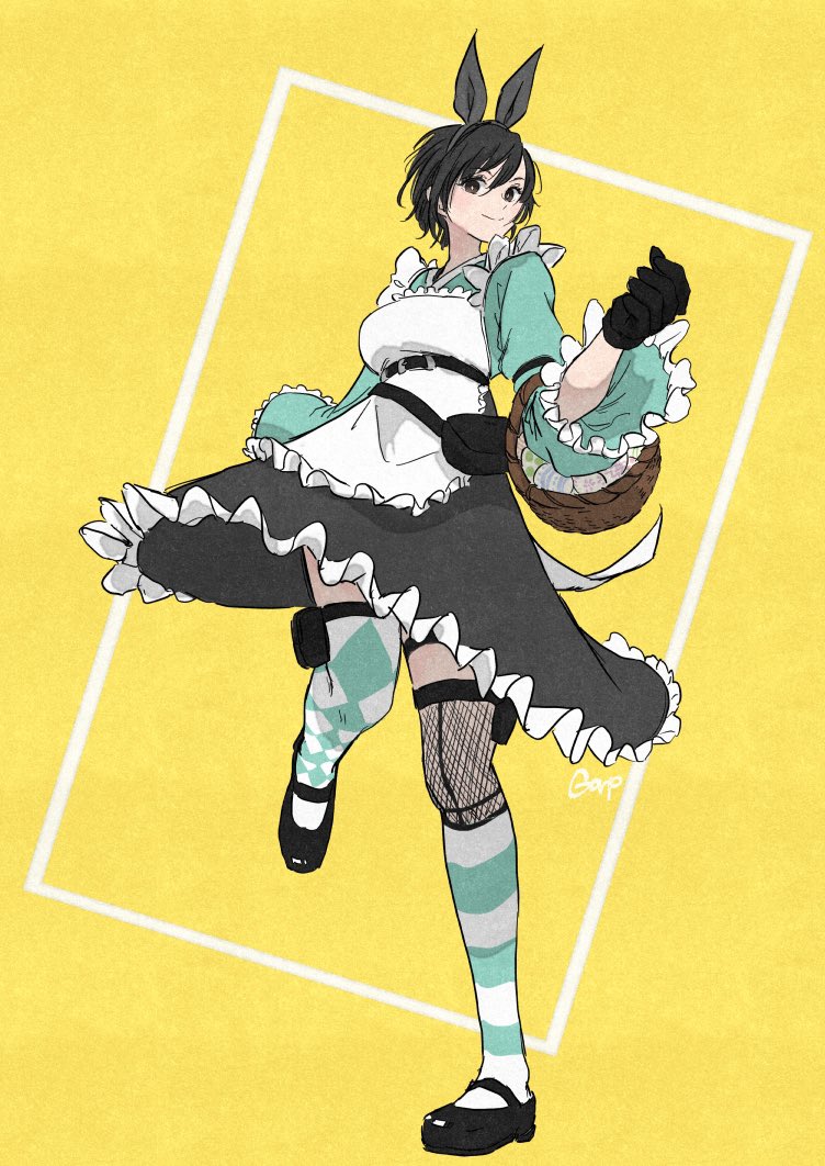 1girl apron aqua_shirt argyle_clothes argyle_thighhighs artist_name asymmetrical_legwear black_gloves black_hair black_hairband black_shoes black_skirt breasts brown_eyes final_fantasy final_fantasy_vii final_fantasy_vii_ever_crisis fishnet_thighhighs fishnets frilled_apron frills full_body gloves hair_between_eyes hairband mary_janes medium_breasts official_alternate_costume pulupulupoodle rabbit_bow shirt shoes short_hair skirt smile socks solo striped_clothes striped_socks thighhighs white_apron wide_sleeves yellow_background yuffie_kisaragi yuffie_kisaragi_(bunny_apron)