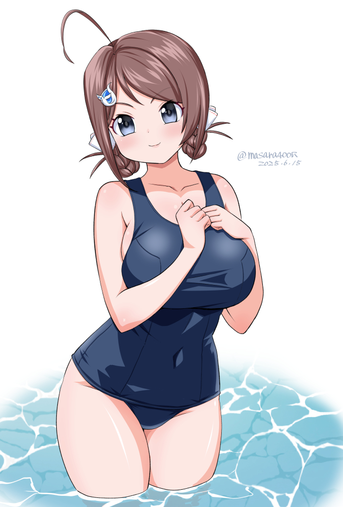 1girl ahoge blue_one-piece_swimsuit braid braided_hair_rings breasts brown_hair chougei_(kancolle) covered_navel cowboy_shot dated grey_eyes hair_ornament hair_rings kantai_collection large_breasts long_hair masara_(chuujou) one-hour_drawing_challenge one-piece_swimsuit school_swimsuit simple_background smile solo standing swimsuit twin_braids twitter_username wading whale_hair_ornament white_background
