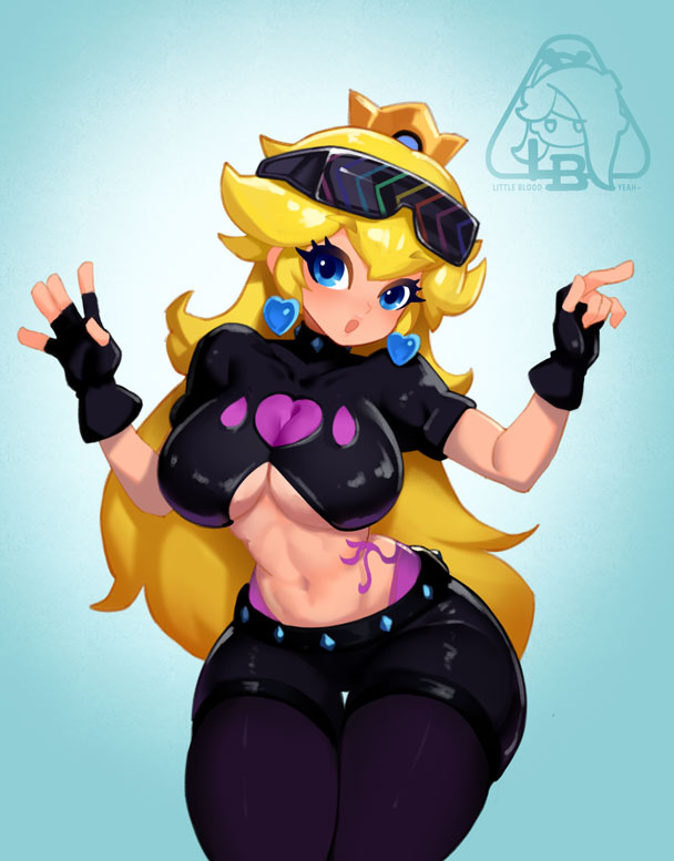 1girl :o artist_logo belt black_gloves black_shirt black_shorts blonde_hair blue_eyes breasts callie_(octo_idol_outfit)_(splatoon) callie_(splatoon) collar contrapposto cosplay cowboy_shot crop_top crown curvy earrings eyelashes eyewear_on_head feet_out_of_frame fingerless_gloves gloves heart heart_earrings hypnoshades_(splatoon) jewelry large_breasts little123blood logo long_hair looking_at_viewer mario_(series) midriff navel nintendo octopus_tattoo official_alternate_costume open_mouth padded_shoulders pale_skin panties panty_straps pantyhose pink_panties pink_tattoo princess_peach puffy_short_sleeves puffy_sleeves shirt short_eyebrows short_shorts short_sleeves shorts simple_background solo spiked_collar spiked_waistband spikes splatoon_(series) splatoon_2 standing stomach_tattoo studded_belt studded_collar sunglasses swept_bangs tattoo thick_eyebrows underboob underwear w_arms wide_hips
