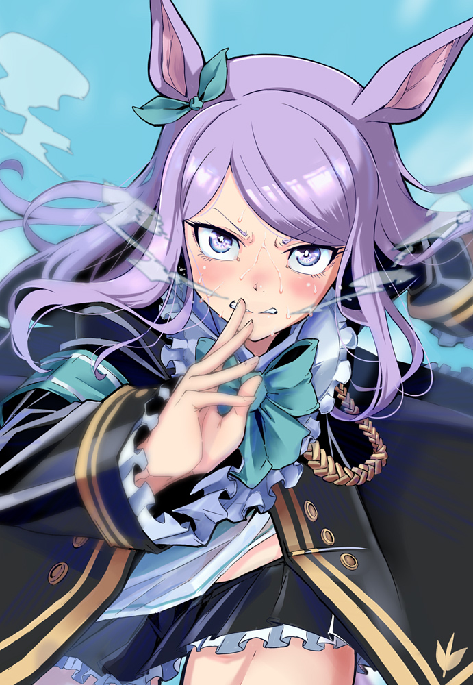 1girl black_jacket black_skirt blue_sky blush boots bow cloud cloudy_sky hair_bow jacket long_hair long_sleeves looking_at_viewer mejiro_mcqueen_(umamusume) open_clothes open_jacket open_mouth outdoors purple_eyes purple_hair running skirt sky solo sweat take_nii umamusume v-shaped_eyebrows