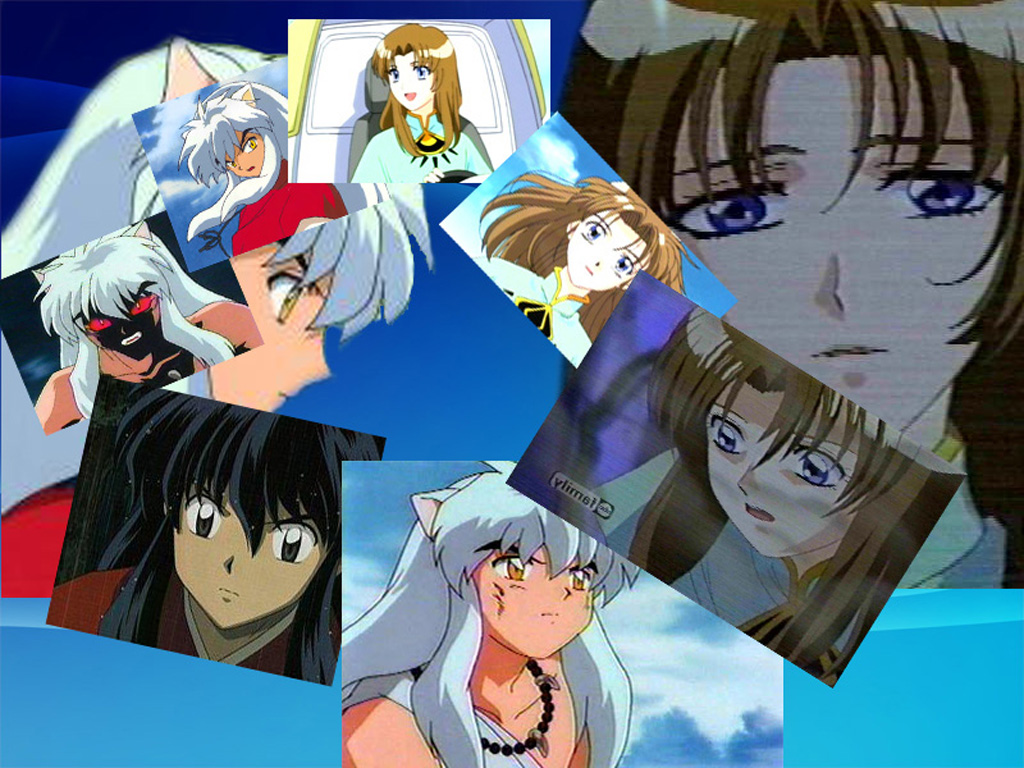 1boy 1girl :d :o animal_ears bandages beads black_eyes black_hair blood blood_on_face blue_background blue_eyes close-up cloud cockpit colored_sclera crossover dark_persona dog_ears evil_smile facial_mark fangs floating_hair gradient_background inuyasha inuyasha_(character) japanese_clothes jewelry jpeg_artifacts long_hair looking_at_viewer looking_back looking_down mushrambo necklace night night_sky open_mouth orange_eyes outdoors parted_bangs parted_lips rain red_sclera ribbon shindou_yakumo sidelocks sitting sky smile topless_male turtleneck watermark wet wet_hair white_hair yellow_eyes