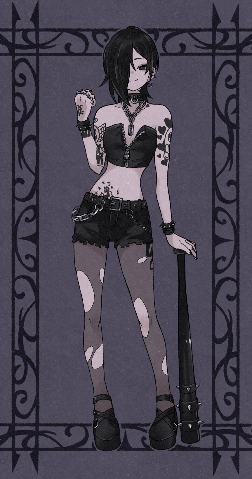 1girl arm_tattoo baseball_bat belt black_belt black_choker black_eyes black_hair black_nails black_pantyhose black_shoes black_shorts boots bracelet chain chain_necklace choker clenched_hand closed_mouth ear_piercing earrings eyelashes full_body goth_fashion hair_over_one_eye hand_tattoo heart heart_tattoo highres jewelry judy_(sushi_pizza_rrr) lace-up_boots medium_hair nail_polish neck_tattoo necklace original pale_skin pantyhose piercing shoes shorts smile solo spiked_bat spiked_bracelet spiked_knuckles spikes stomach_tattoo sushi_pizza_rrr tattoo torn_clothes torn_pantyhose torn_shorts
