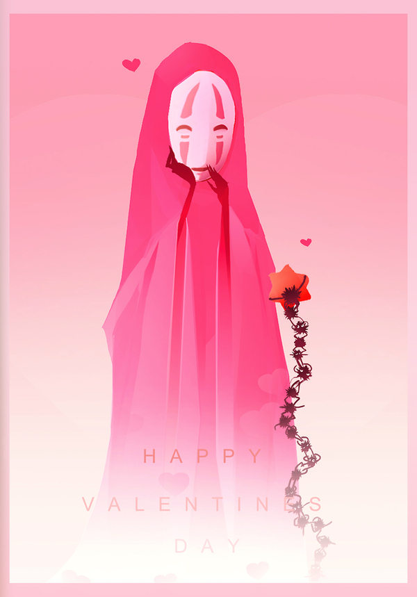 border commentary english_commentary gokupo101 happy_valentine heart kaonashi mask no_humans on_shoulder pink_border pink_theme sen_to_chihiro_no_kamikakushi star_(symbol) studio_ghibli susuwatari