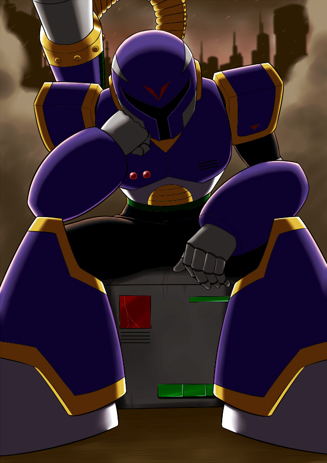 1boy ammunition android armor cannon cityscape clenched_hand covered_face dust feet_out_of_frame full_body gloves hand_on_own_face helmet looking_at_viewer mega_man_(series) mega_man_x1 mega_man_x_(series) out_of_frame purple_armor purple_helmet robot robot_ears shouji_nigou shoulder_armor shoulder_cannon sitting solo vile_(mega_man) weapon white_gloves
