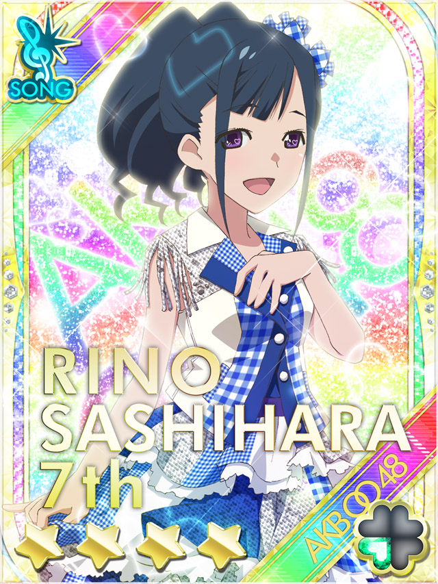 1girl :d akb0048 arm_at_side blue_hair bow card_(medium) character_name copyright_name cowboy_shot fanged_bangs gingham_bow gingham_dress hair_bow hand_on_own_chest heart high_ponytail idol_clothes looking_at_viewer looking_to_the_side non-web_source official_art open_mouth ponytail purple_eyes rainbow_background sashihara_rino_(akb0048) sleeveless sleeveless_jacket smile solo standing star_(symbol) treble_clef