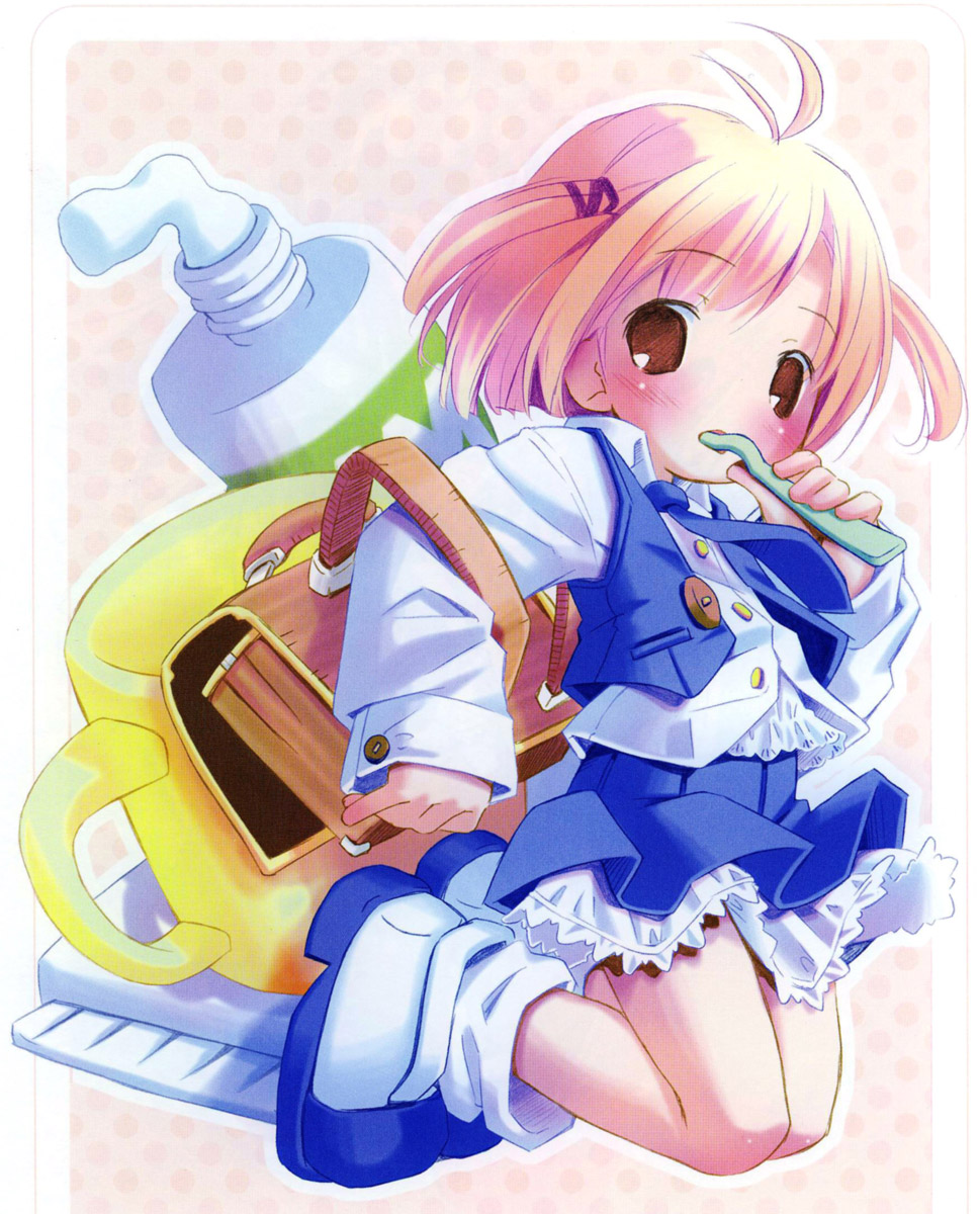 00s 1girl backpack bag blush brushing_teeth child female_focus highres pop solo toothbrush toothpaste