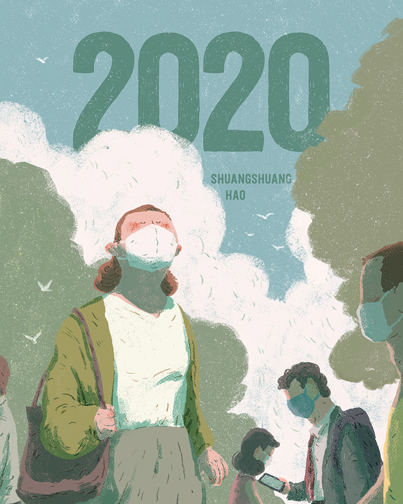 2020 artist_name bird cellphone cloud cloudy_sky coronavirus_pandemic facial_hair_through_mask holding holding_phone mask mouth_mask original phone shuangshuanghao sky smartphone