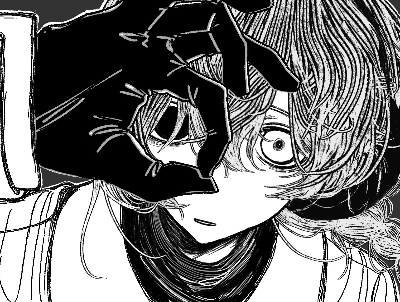 1girl bags_under_eyes braid earmuffs foreshortening gloves greyscale hair_between_eyes hair_over_shoulder hand_up heterochromia highres light_smile long_hair long_sleeves looking_at_viewer messy_hair monochrome ok_sign ok_sign_over_eye parted_lips portrait sekka_yufu solo utau wada140