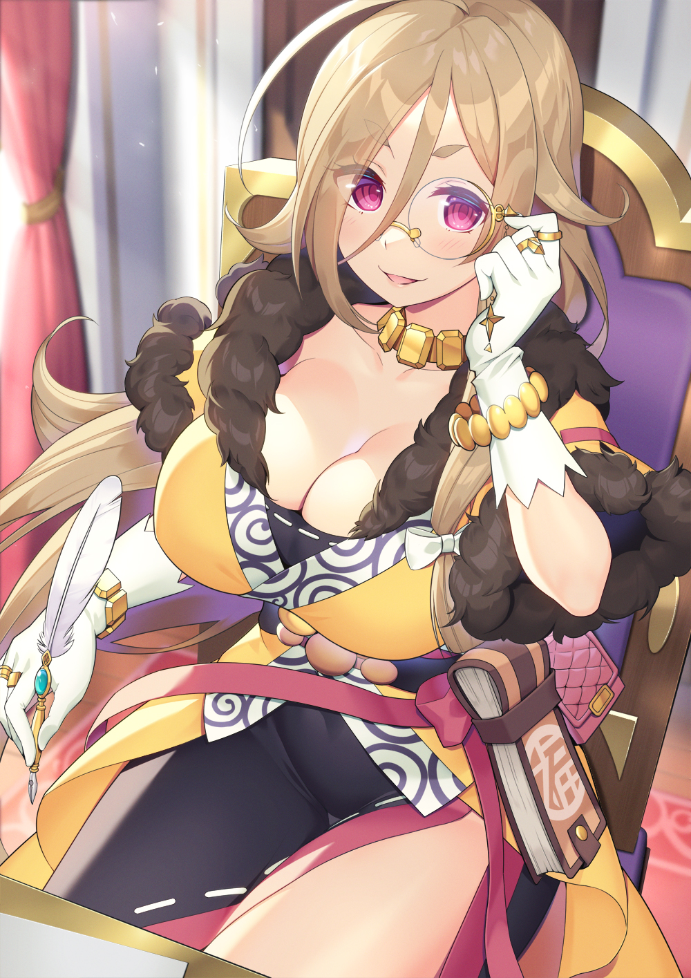 1girl ahoge artist_request bad_id bad_pixiv_id blonde_hair book bracelet breasts cleavage creditta_(princess_connect!) fur_trim gloves highres jewelry large_breasts long_hair looking_at_viewer monocle necklace princess_connect! purple_eyes quill ring solo thick_eyebrows very_long_hair