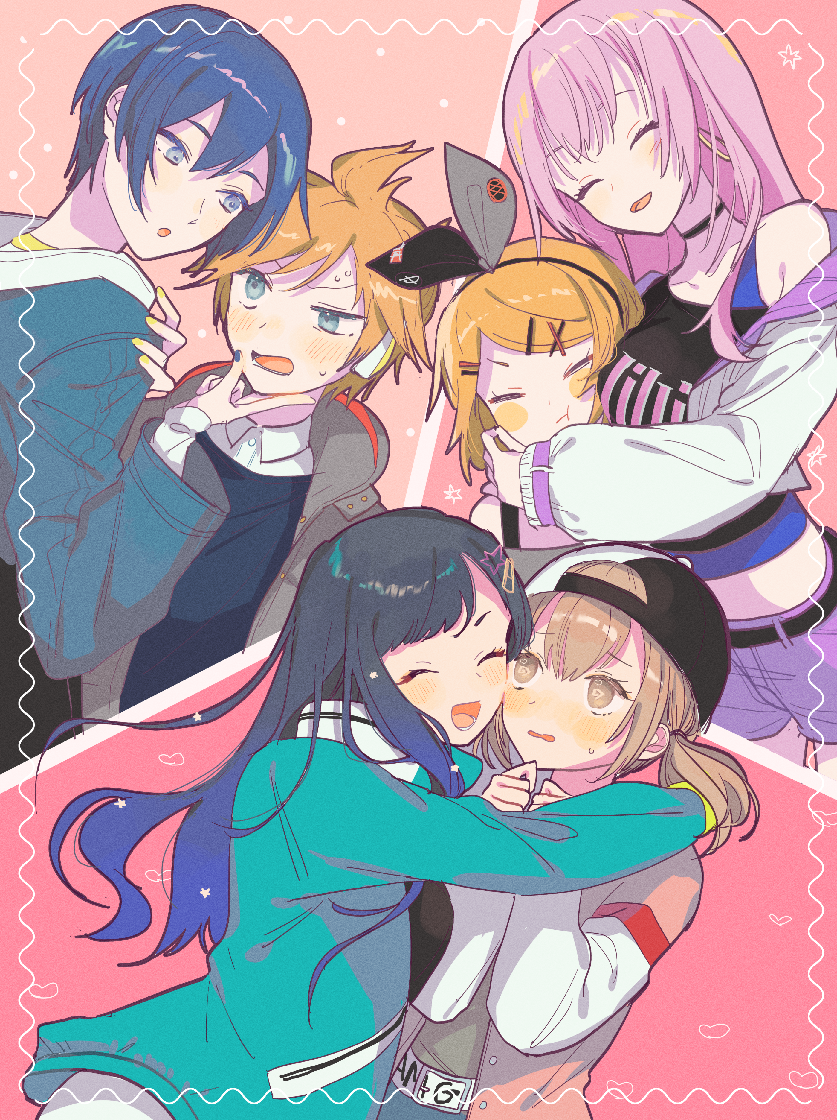 2boys 4girls absurdres azusawa_kohane black_choker black_hair blonde_hair blue_eyes blue_hair blush brown_eyes cheek-to-breast cheek-to-cheek chestnut_mouth choker closed_eyes dark_blue_hair earrings flustered hairpin hat heads_together heart highres hood hoodie hoop_earrings hug jewelry kagamine_len kagamine_rin kaito_(vocaloid) long_hair looking_at_another low_twintails megurine_luka multiple_boys multiple_girls multiple_hairpins off_shoulder open_mouth pawpawrim pink_background pink_hair project_sekai shiraishi_an short_hair shorts smile sweat twintails upper_body vocaloid yaoi yuri
