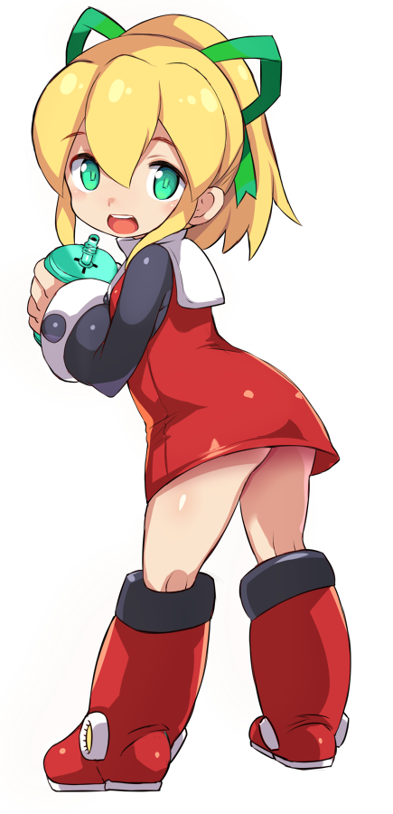 1girl ass black_sheep blonde_hair blue_eyes boots dress from_behind full_body green_ribbon hair_between_eyes hair_ribbon holding karukan_(monjya) knee_boots kneepits long_sleeves mega_man_(classic) mega_man_(series) open_mouth ponytail red_boots red_dress ribbon roll_(mega_man) simple_background sleeveless sleeveless_dress solo standing white_background