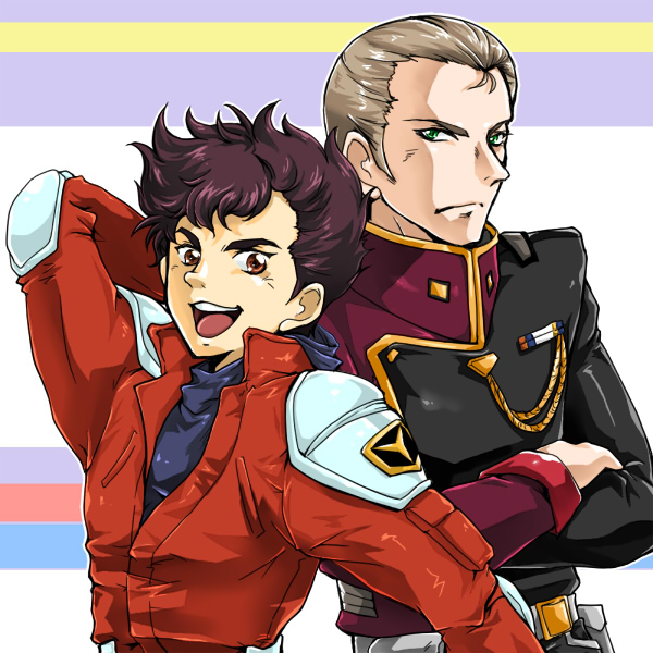 2boys arm_up brown_hair crossed_arms elbow_pads green_eyes hair_slicked_back jacket kaine_wakaba kikou_senki_dragonar light_brown_hair light_frown long_sleeves male_focus meio_plato military_uniform multiple_boys namako_nowata red_eyes red_jacket short_hair striped_background upper_body