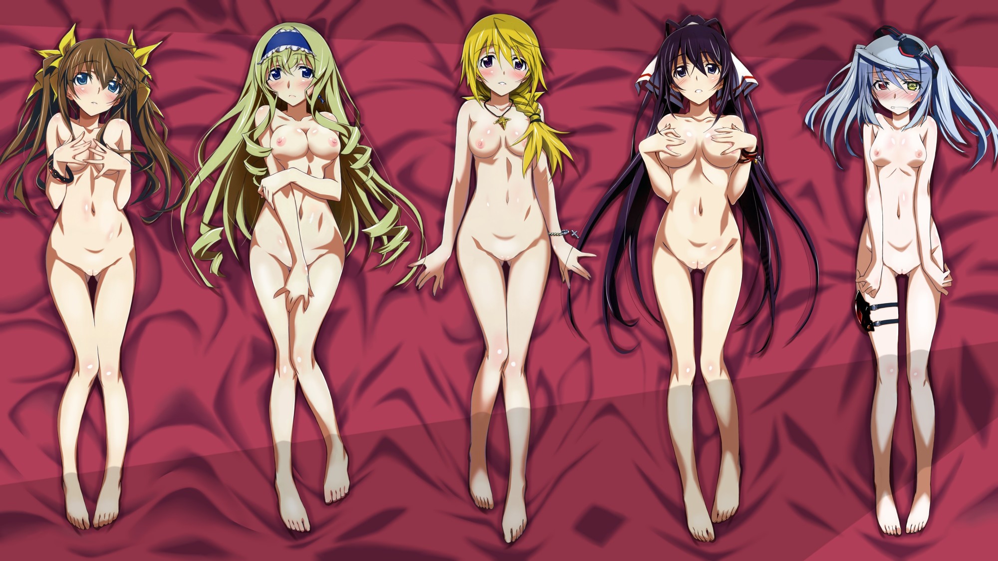 5girls bed blonde_hair breasts brown_hair cecilia_alcott charlotte_dunois completely_nude green_eyes grey_hair highres huang_lingyin infinite_stratos large_breasts laura_bodewig long_hair medium_breasts midriff multiple_girls nipples nude nude_filter purple_eyes red_eyes shinonono_houki short_hair small_breasts third-party_edit twintails