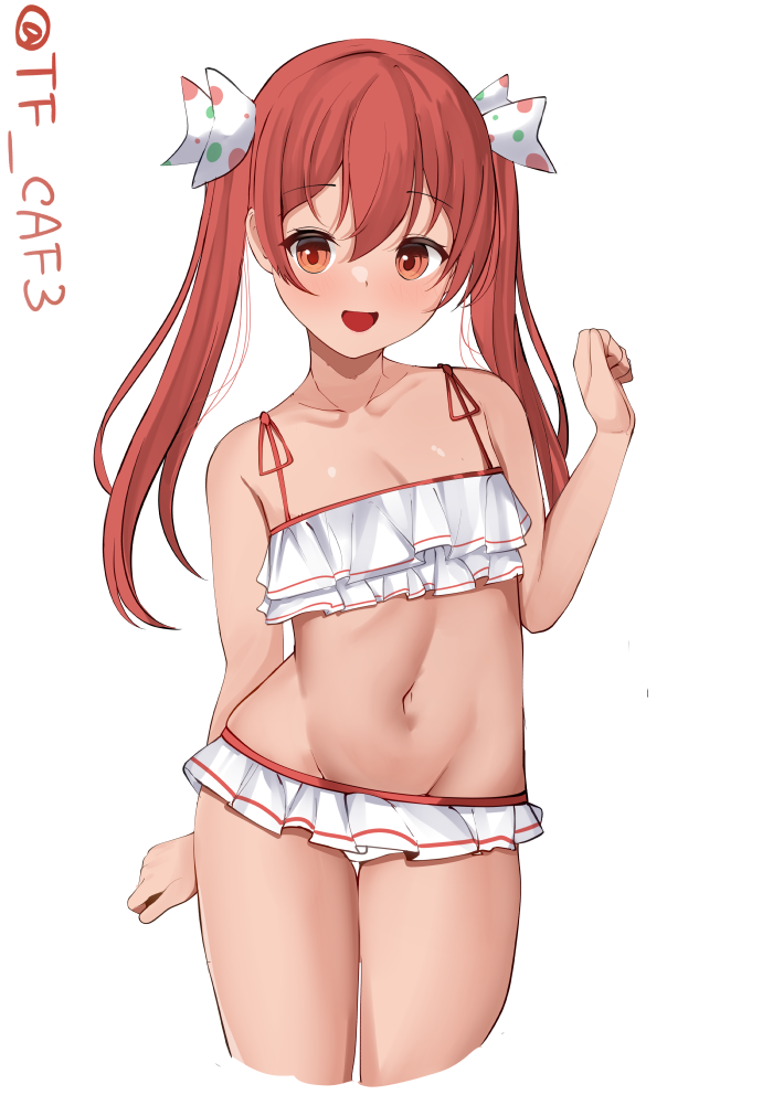 1girl bikini bikini_skirt breasts commentary_request cropped_legs groin kantai_collection libeccio_(kancolle) libeccio_(swimsuit)_(kancolle) long_hair navel official_alternate_costume red_eyes simple_background skirt small_breasts solo standing swimsuit tf_cafe thigh_gap twintails twitter_username white_background white_skirt