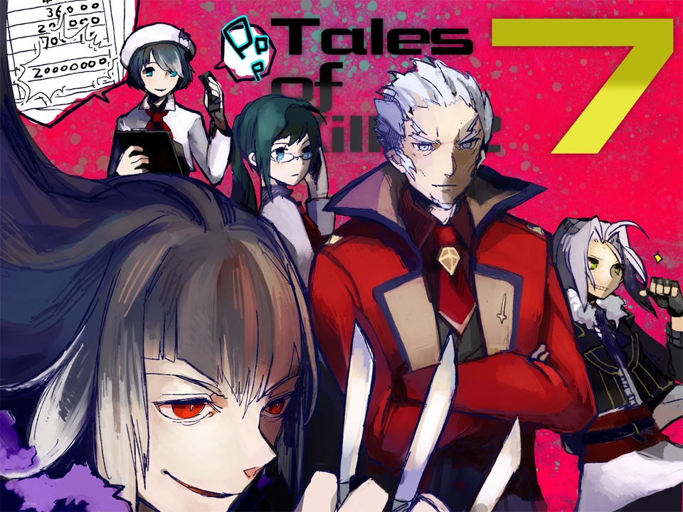 2girls 3boys beard bisley_karcsi_bakur black_hair blue_eyes cellphone coat copyright_name facial_hair glasses green_eyes grey_eyes grey_hair ivar_(tales) multicolored_hair multiple_boys multiple_girls necktie nova_(tales_of_xillia_2) open_mouth phone red_eyes redau tales_of_(series) tales_of_xillia tales_of_xillia_2 vel_(tales) weapon white_hair