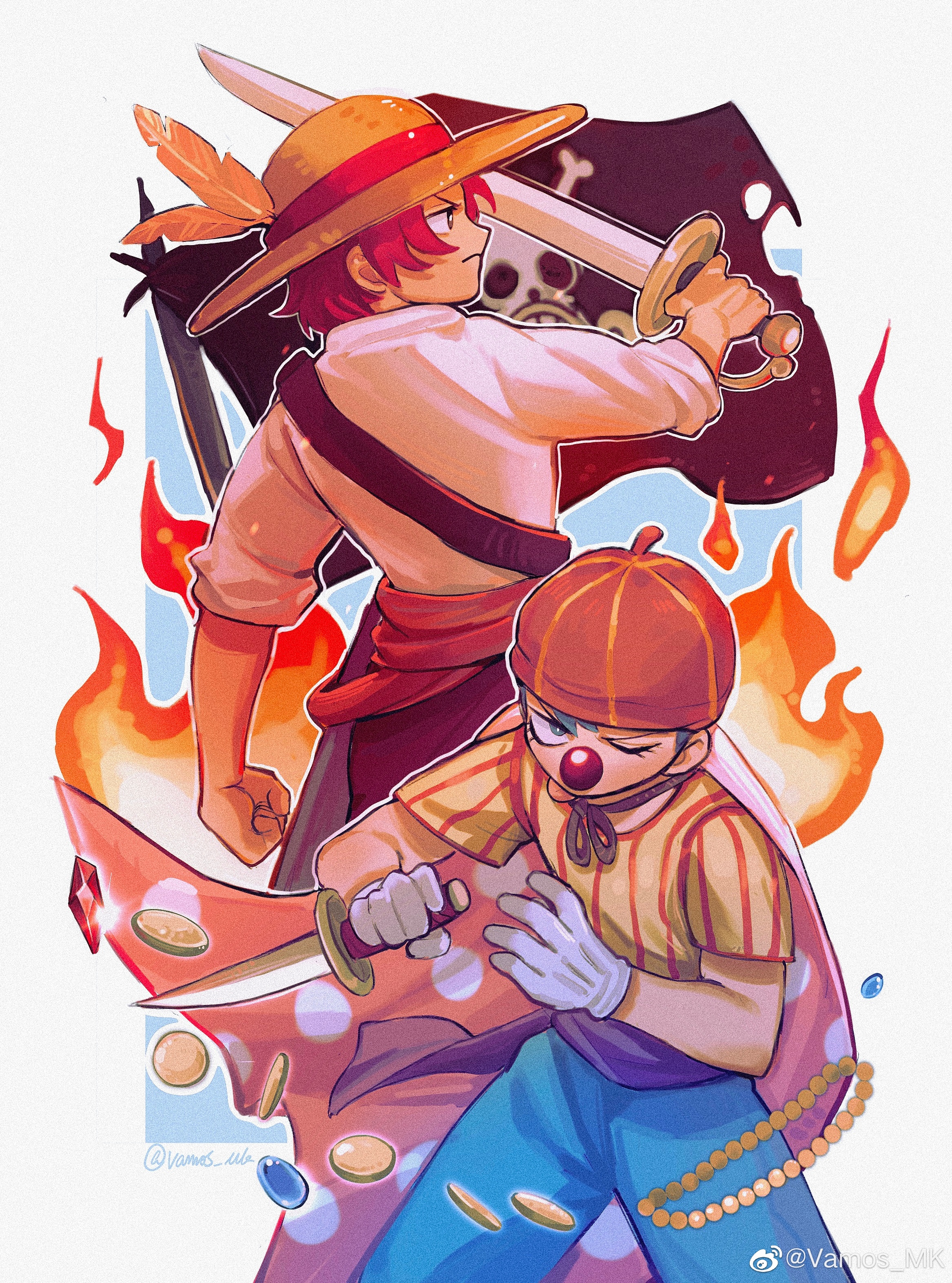 2boys absurdres blue_pants buggy_the_clown cape closed_mouth clown_nose coin fire gloves hat highres holding holding_sword holding_weapon jolly_roger male_focus multiple_boys one_eye_closed one_piece orange_hat pants red_hair shanks_(one_piece) shirt straw_hat striped_clothes striped_shirt sword vamos_mk weapon white_gloves white_shirt