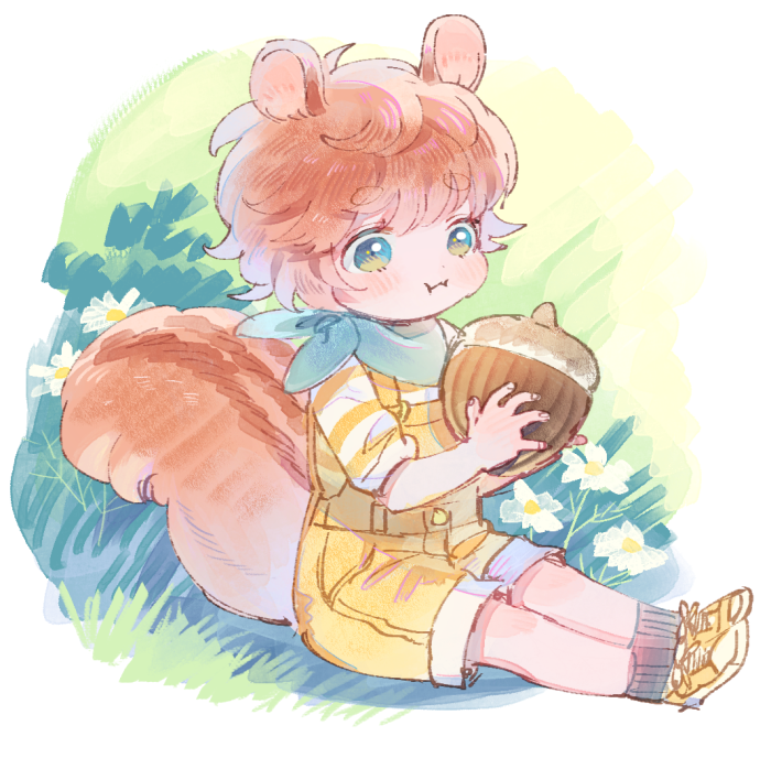 1boy :i animal_ears aqua_bandana bandana bandana_around_neck bare_legs black_socks border brown_hair brown_tail child conago fading_border flower foliage furrowed_brow grass green_eyes hand_up holding holding_acorn male_focus on_ground original outdoors overalls shirt shoes short_eyebrows short_hair sitting sleeves_pushed_up sneakers socks solo squirrel_boy squirrel_ears squirrel_tail striped_clothes striped_shirt tail two-handed two-tone_shirt unfinished white_flower white_shirt yellow_overalls yellow_shirt yellow_shoes