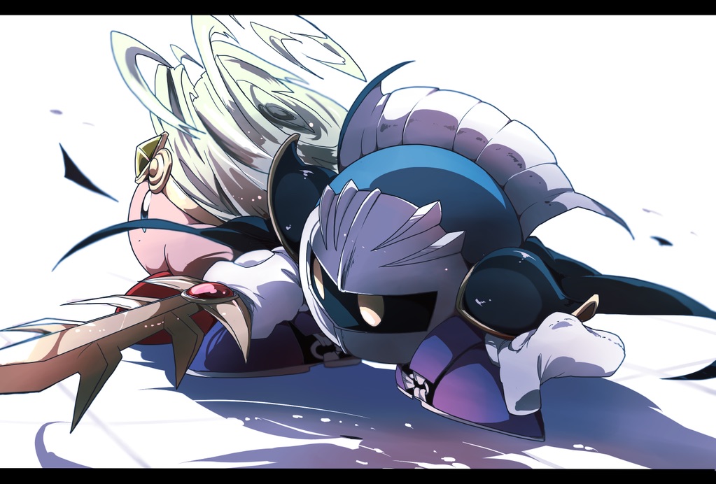 armor baku_(baku325) blue_cape blue_eyes blue_skin cape circlet colored_skin commentary_request copy_ability debris expressionless floating_cape galaxia_(sword) gem gloves green_gemstone holding holding_sword holding_weapon kirby kirby_(series) letterboxed light_particles meta_knight nintendo no_humans pauldrons pink_skin purple_footwear red_footwear sabaton shadow shoes shoulder_armor solid_oval_eyes standing sword tornado tornado_kirby weapon white_gloves white_mask yellow_eyes