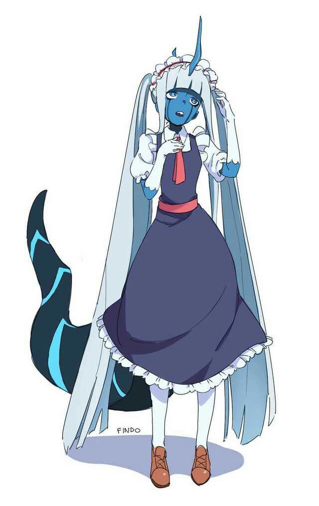 001_(darling_in_the_franxx) 1girl blue_eyes blue_hair blue_skin colored_skin cosplay darling_in_the_franxx findoworld horns kobayashi-san_chi_no_maidragon long_hair maid shadow tail tohru_(maidragon)_(cosplay) white_background