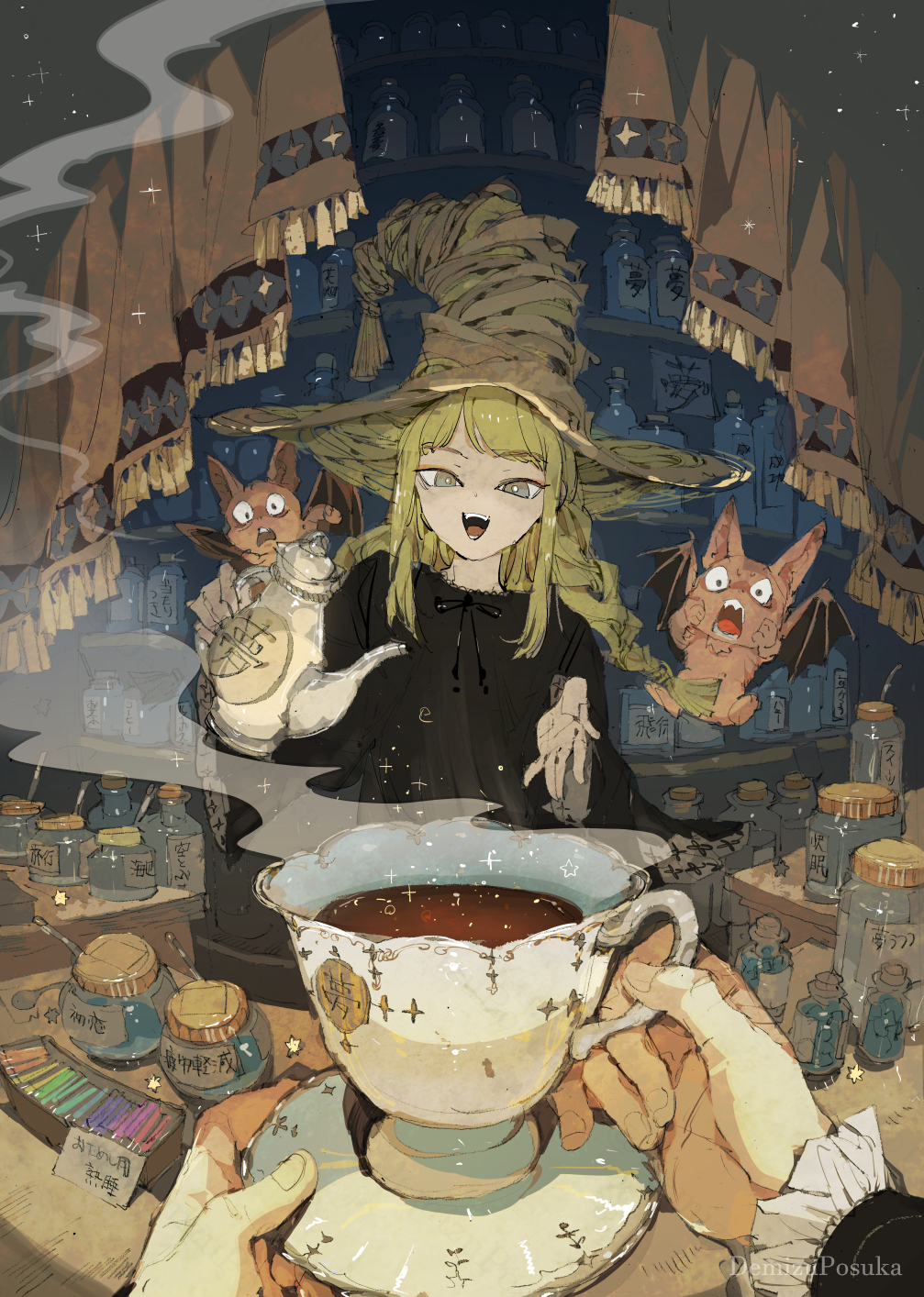 1boy 1girl artist_name bat_wings blonde_hair braid commentary cup demizu_posuka hat highres holding holding_cup holding_phone holding_teapot low_twin_braids original phone pov steam teacup teapot twin_braids wings witch_hat