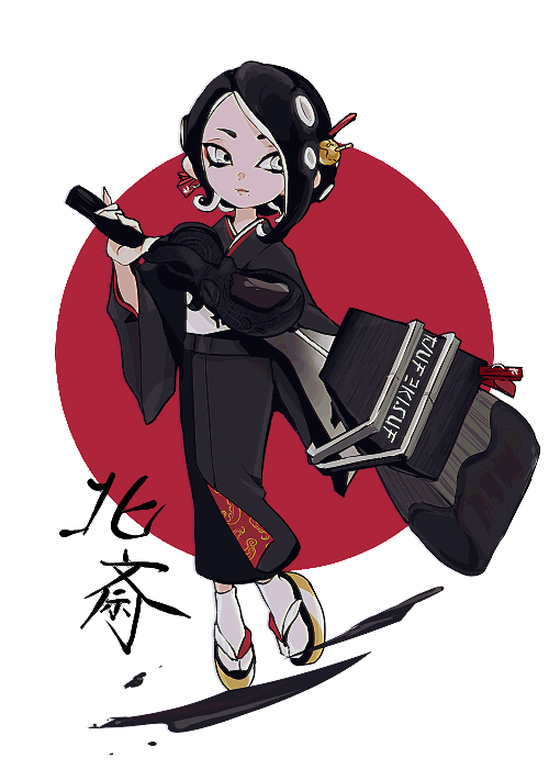 1girl black_hair black_kimono closed_mouth commentary_request fingernails full_body grey_eyes holding holding_weapon imaikuy0 japanese_clothes japanese_flag kimono long_sleeves looking_to_the_side mole mole_under_mouth nintendo obi octobrush_(splatoon) octoling octoling_girl octoling_player_character okobo parted_bangs platform_sandals sandals sash sharp_fingernails short_hair solo splatoon_(series) standing tabi takoyaki_hair_ornament tentacle_hair weapon white_background wide_sleeves