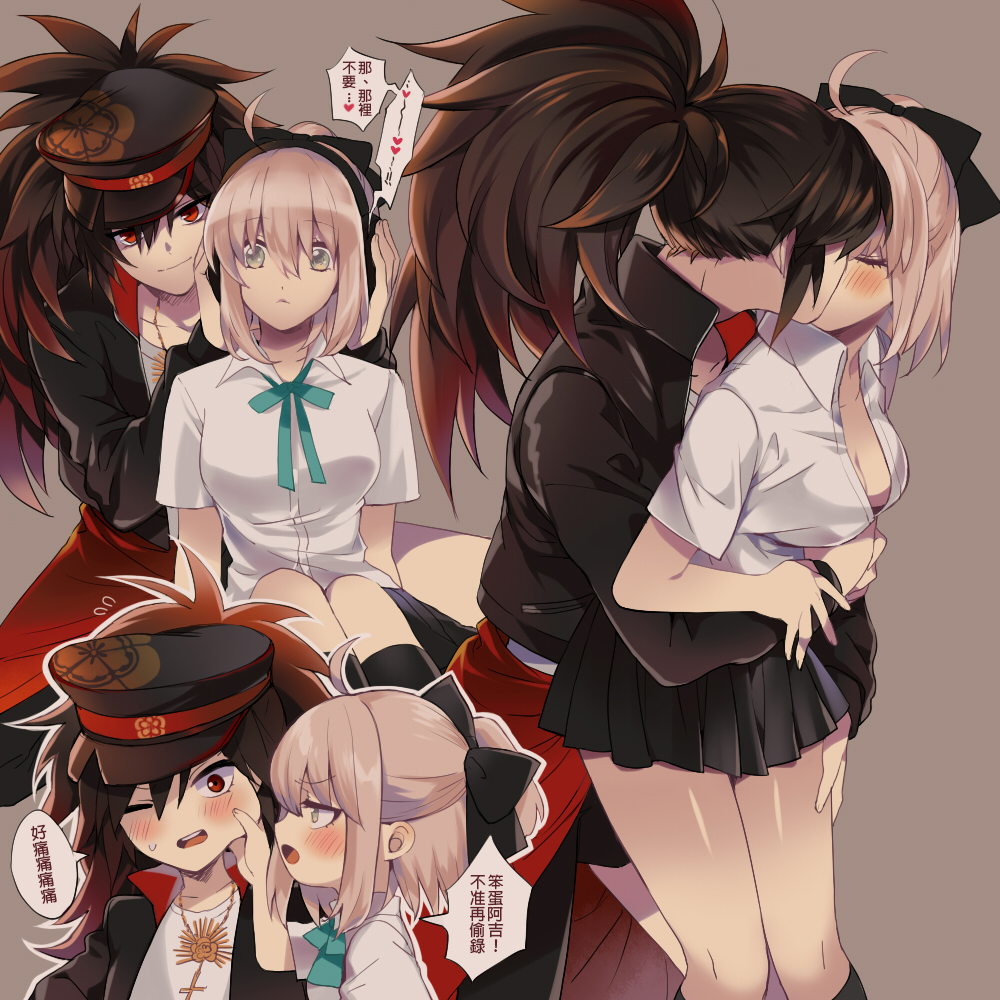 2girls black_hair blonde_hair blush bow breasts chinese_text cleavage earphones fate/grand_order fate_(series) hair_bow half_updo kiss large_breasts leila_(yurisouls) long_hair medium_breasts multiple_girls multiple_views music neckerchief oda_kippoushi_(fate) oda_nobunaga_(fate) oda_nobunaga_(koha-ace) okita_souji_(fate) okita_souji_(koha-ace) pink_hair pleated_skirt school_uniform shirt skirt thighhighs translation_request yuri