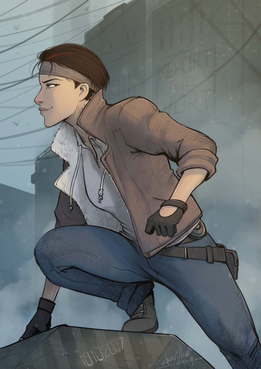 1girl alyx_vance belt black_gloves blue_pants brown_hair brown_jacket devilhs gloves half-life:_alyx half-life_(series) highres jacket looking_to_the_side open_clothes open_jacket pants short_hair solo
