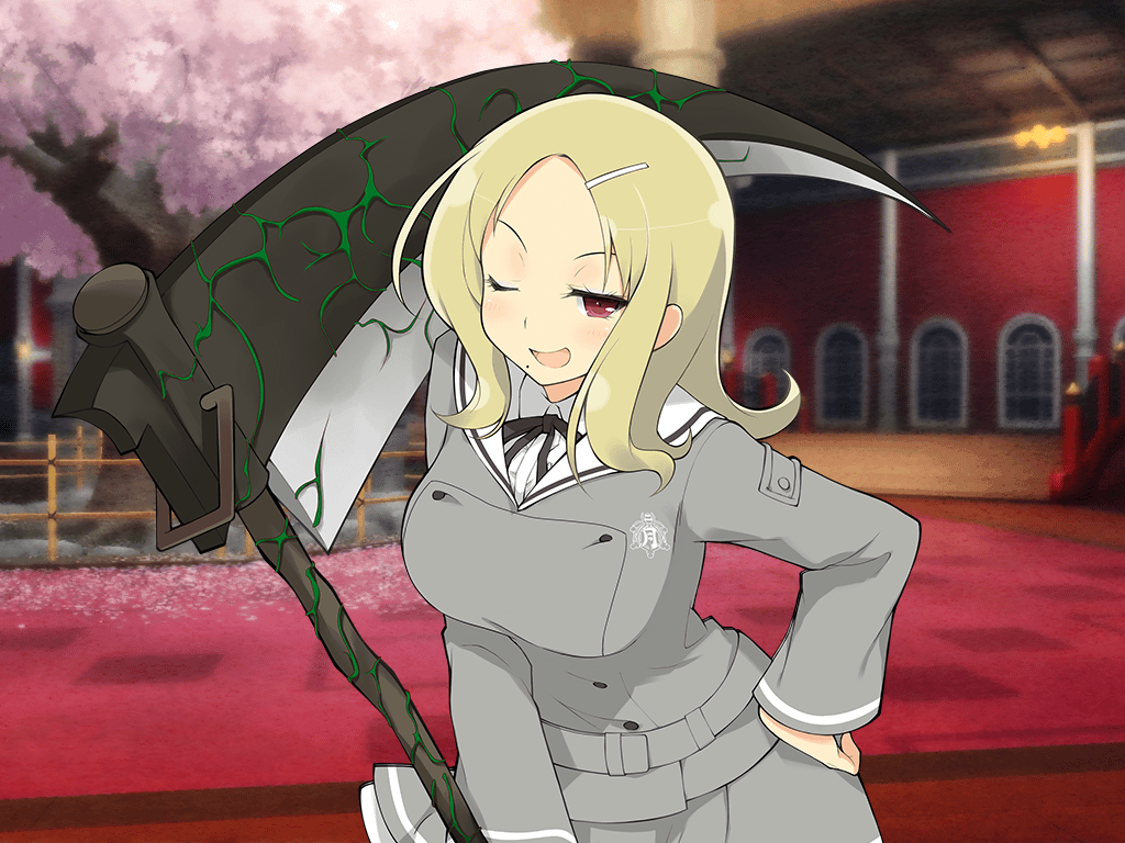 1girl :d blonde_hair blush breasts bridge buttons cherry_blossoms cherry_tree cowboy_shot double-breasted fence frilled_skirt frills gessen_academy_school_uniform hair_ornament hairclip hand_on_own_hip holding holding_scythe large_breasts long_hair looking_at_viewer mole mole_under_mouth official_art one_eye_closed open_mouth parted_bangs red_carpet red_eyes rock school_emblem school_uniform scythe senran_kagura senran_kagura_new_link senran_kagura_shinovi_versus shiki_(senran_kagura) skirt smile solo stone_lantern tree window yaegashi_nan