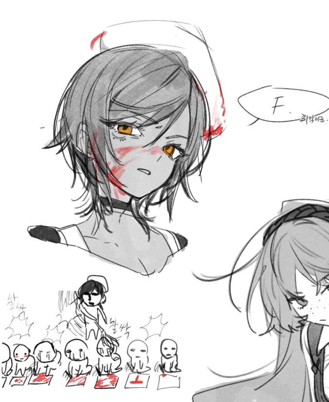 1girl blood blood_on_face blood_on_hat choker greyscale hat limbus_company looking_at_viewer monochrome outis_(project_moon) parted_lips project_moon rw0419 short_hair simple_background solo upper_body
