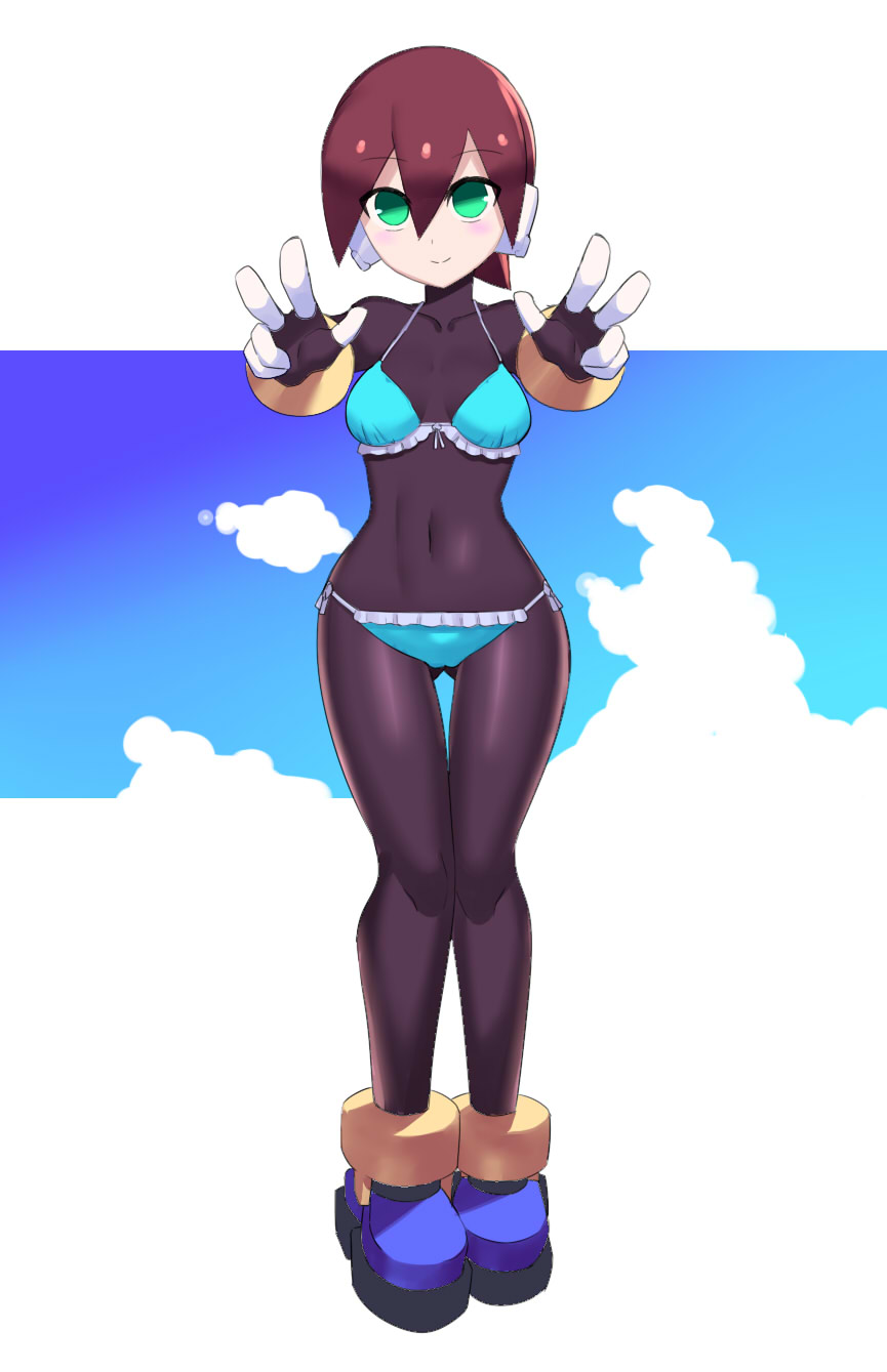 1girl aile_(mega_man_zx) alternate_costume bikini black_bodysuit blue_bikini blush bodysuit breasts brown_hair cameltoe closed_mouth cloud covered_navel frilled_bikini frills full_body gloves green_eyes highleg highres looking_at_viewer mega_man_(series) mega_man_zx narrow_waist navel robot_ears short_hair sidelocks skin_tight smile solo spandex standing swimsuit swimsuit_over_clothes turtleneck ukimukai