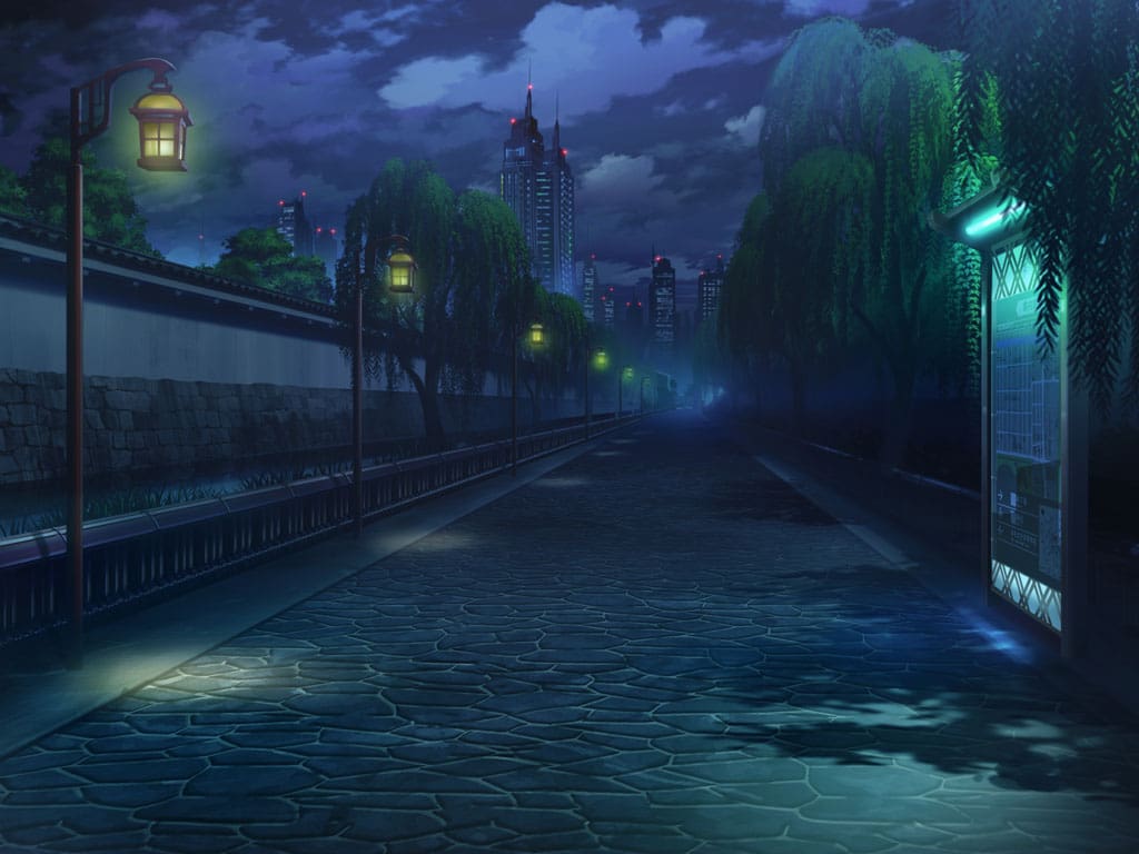 artist_request bush city cloud cobblestone game_cg magia_record:_mahou_shoujo_madoka_magica_gaiden mahou_shoujo_madoka_magica night night_sky no_humans official_art outdoors path road scenery shade sky willow