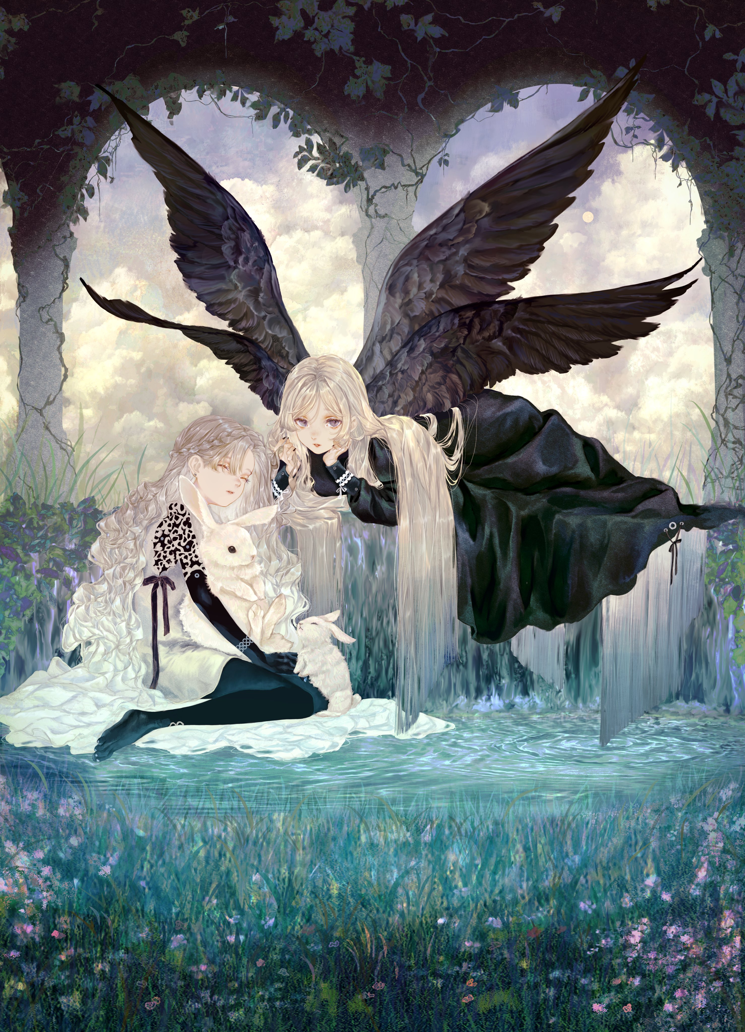 2girls absurdres arch black_dress black_wings braid closed_eyes commission dress feathered_wings flower highres long_hair looking_at_viewer lying multiple_girls on_stomach original overgrown purple_eyes rabbit ripples shirone_(coxo_ii) sitting very_long_hair water white_hair white_rabbit_(animal) wings