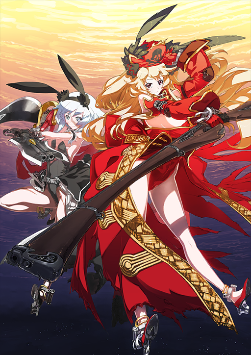 2girls animal_ears anklet anne_bonny_(fate) anne_bonny_(fate/grand_order) anne_bonny_(swimsuit_archer)_(fate) anne_bonny_(swimsuit_archer)_(third_ascension)_(fate) arm_strap arm_up asymmetrical_dual_wielding bare_legs black_gloves black_leotard black_shoes black_skirt blonde_hair blue_eyes breasts coat collar cutlass detached_sleeves dual_wielding dynamic_pose fake_animal_ears fate/grand_order fate_(series) full_body gloves gold_trim gun hand_on_headwear hat height_difference high_heels holding holding_gun holding_sword holding_weapon huge_breasts i-iv_(longman) jewelry large_breasts leg_up leotard long_hair long_sleeves looking_at_viewer mary_read_(fate) mary_read_(fate/grand_order) mary_read_(swimsuit_archer)_(fate) mary_read_(swimsuit_archer)_(third_ascension)_(fate) multiple_anklets multiple_girls multiple_scars official_art open_clothes open_coat outstretched_arm petite pirate_hat plunging_neckline pumps rabbit_ears red_coat red_collar red_gloves red_hat red_leotard red_shoes red_sleeves scar scar_on_face scar_on_leg shoes short_hair showgirl_skirt skirt small_breasts strapless strapless_leotard sword third-party_source weapon white_hair