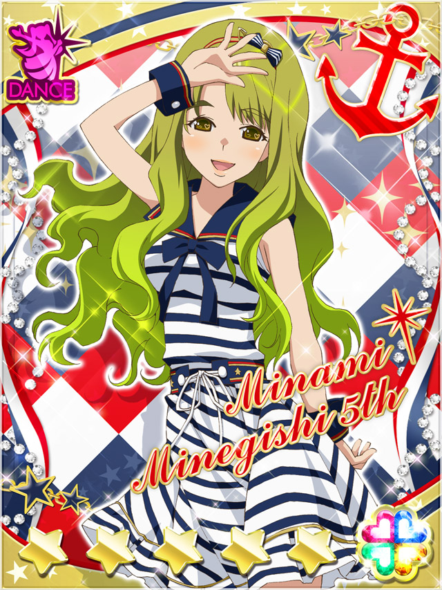 1girl :d akb0048 arm_up blue_bow blue_bowtie blue_sailor_collar bow bowtie card_(medium) character_name cowboy_shot green_eyes green_hair hairband heart long_hair looking_at_viewer minamino_mikako non-web_source official_art open_mouth sailor_collar shirt skirt sleeveless sleeveless_shirt smile solo sparkle standing star_(symbol) striped_clothes striped_shirt striped_skirt wavy_hair wrist_cuffs