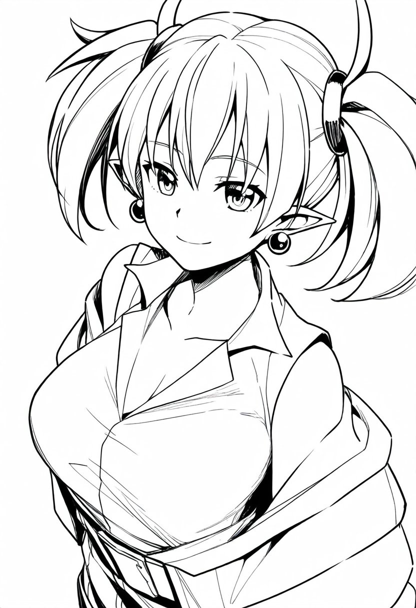 1girl arcana_heart breasts cleavage demon_girl highres large_breasts lilica_felchenerow looking_at_viewer monochrome pointy_ears smile solo traditional_media twintails