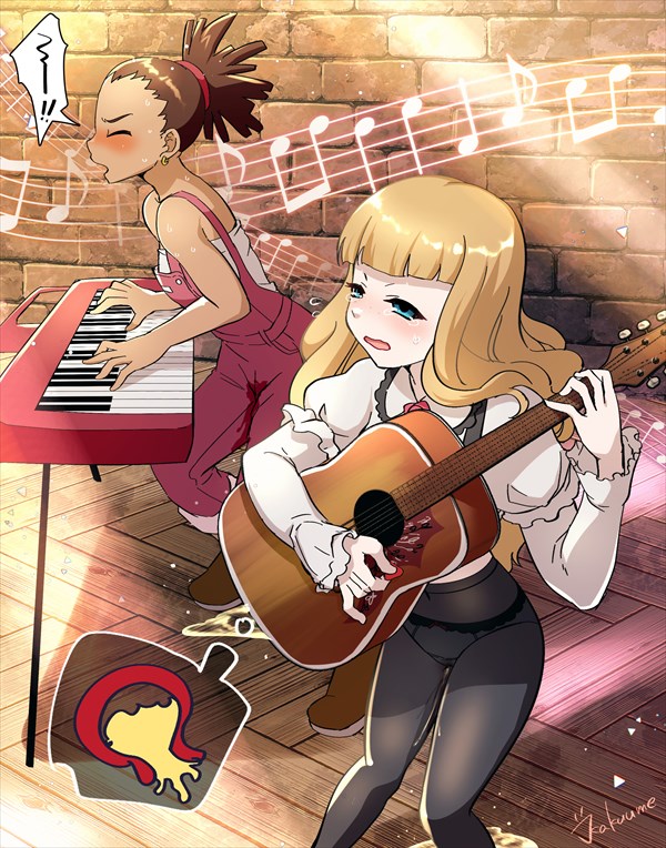 2girls bare_shoulders black_legwear blonde_hair blue_eyes blunt_bangs blush brown_footwear brown_hair cameltoe carole_&amp;_tuesday carole_stanley closed_eyes dark-skinned_female dark_skin earrings female_focus flying_sweatdrops freckles from_side guitar hair_tie half-closed_eyes hand_up holding indoors instrument jewelry juliet_sleeves kakuume keyboard_(instrument) long_hair long_sleeves multiple_girls music musical_note navel nose_blush open_mouth overalls panties pantyhose peeing peeing_self playing_instrument plectrum puddle puffy_sleeves see-through_clothes shirt shoes short_hair speech_bubble strapless strapless_shirt sweat tears thought_bubble topknot tuesday_simmons underwear urine_meter wet wet_clothes wet_panties white_panties white_shirt