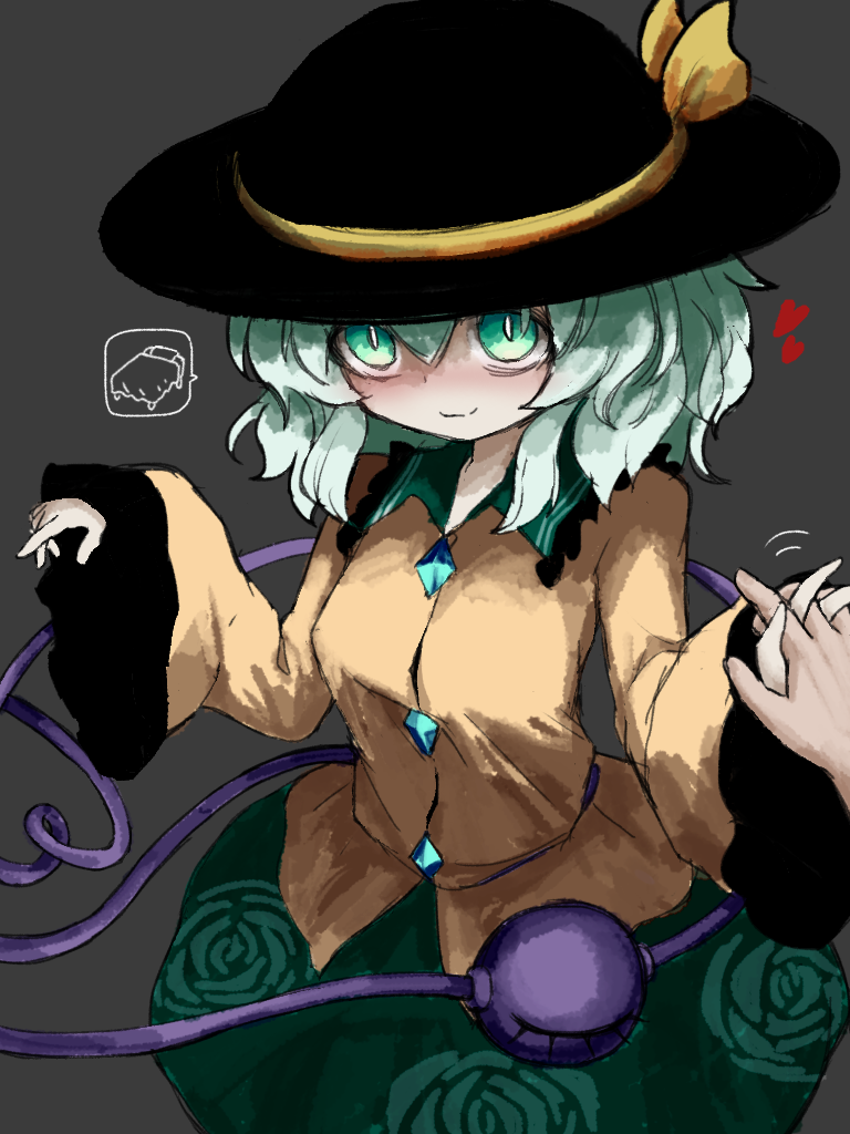 1girl 1other black_hat breasts bright_pupils buttons closed_mouth contrast_collar cowboy_shot diamond_button floral_print frilled_shirt_collar frills green_eyes green_hair green_skirt grey_background hair_between_eyes hat hat_ribbon heart heart_of_string heripantomorrow komeiji_koishi long_sleeves looking_at_viewer medium_hair print_skirt ribbon rose_print shirt simple_background skirt smile spoken_object standing third_eye touhou white_pupils wide_sleeves yellow_ribbon yellow_shirt