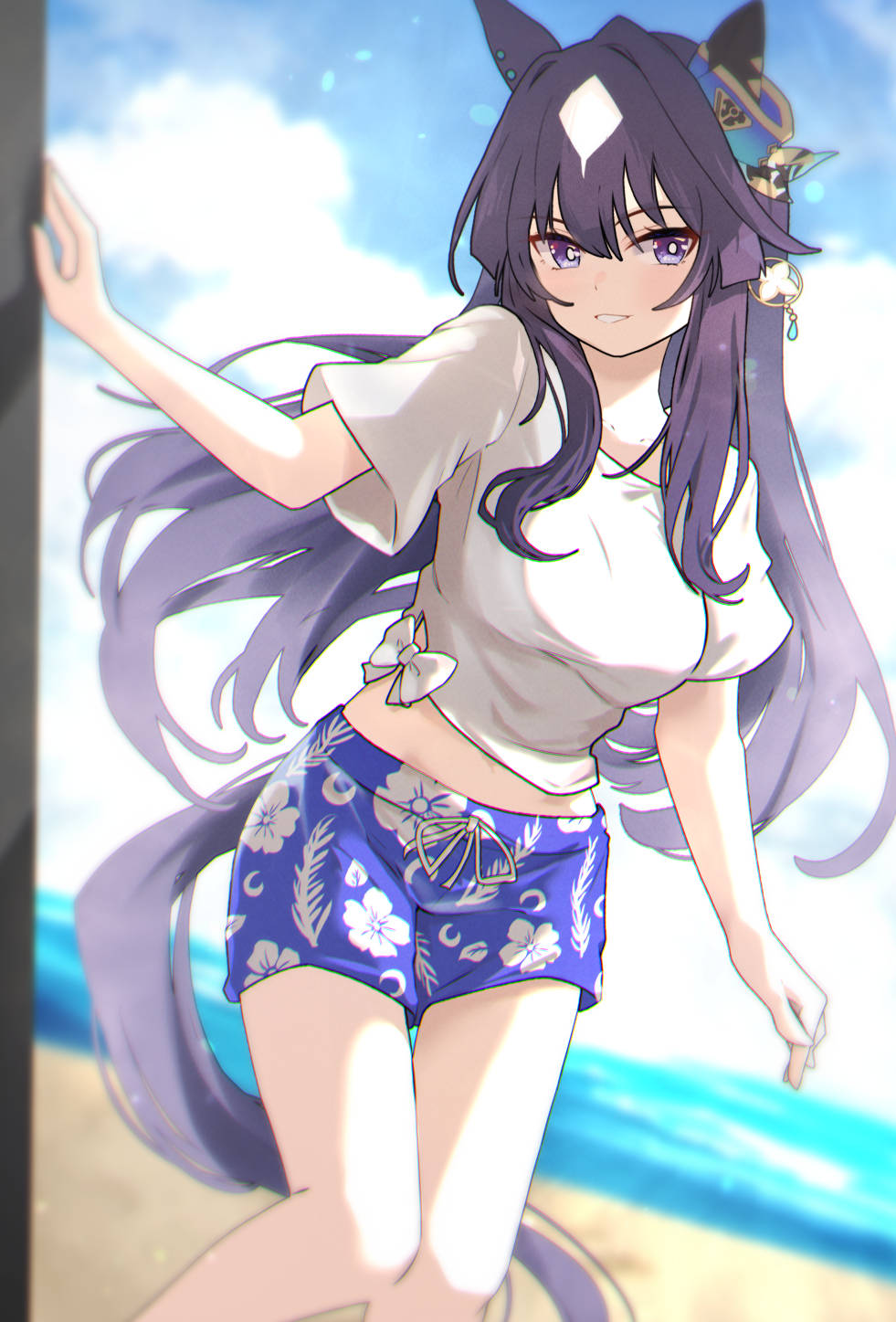 1girl animal_ears blue_shorts blue_sky blurry blurry_background bow breasts cloud commentary_request day depth_of_field feet_out_of_frame floating_hair floral_print hair_between_eyes hand_up highres horse_ears horse_girl horse_tail long_hair looking_at_viewer medium_breasts meyamu outdoors print_shorts purple_eyes purple_hair shirt short_sleeves shorts sky solo standing tail umamusume verxina_(umamusume) very_long_hair white_bow white_hair white_shirt wtparadise