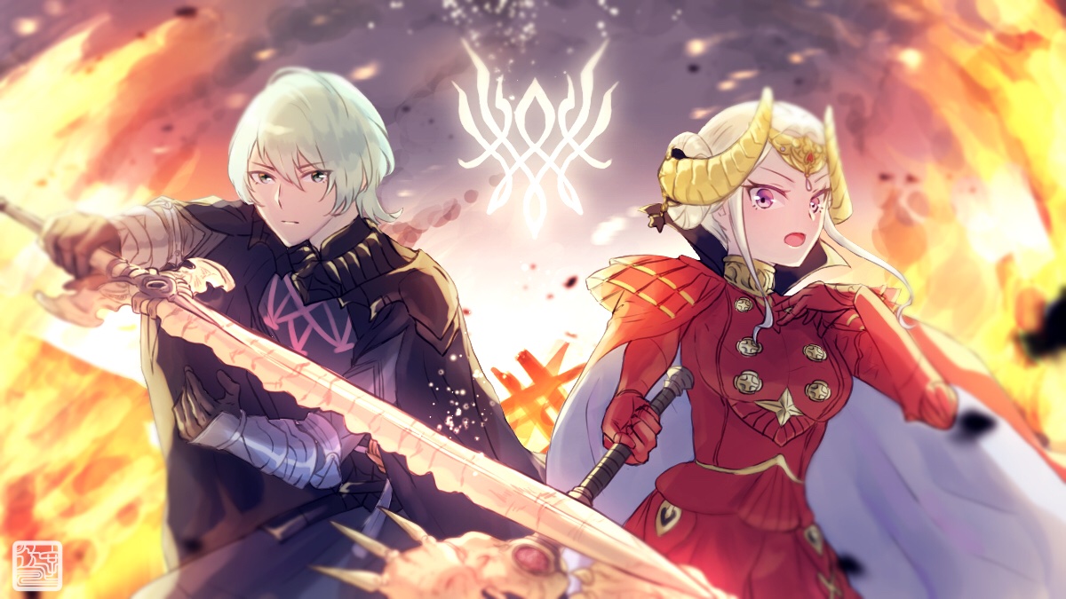 1boy 1girl axe aymr_(fire_emblem) black_coat black_gloves male_byleth_(enlightened)_(fire_emblem) male_byleth_(fire_emblem) cape coat crests_(fire_emblem) double_bun dress edelgard_von_hresvelg edelgard_von_hresvelg_(timeskip) fire fire_emblem fire_emblem:_three_houses gloves green_hair hair_bun heroes_relic_(fire_emblem) holding holding_axe holding_sword holding_weapon looking_at_viewer nintendo open_mouth red_cape red_dress sword sword_of_the_creator trait_connection weapon white_hair yuyu_(yuyuyou)