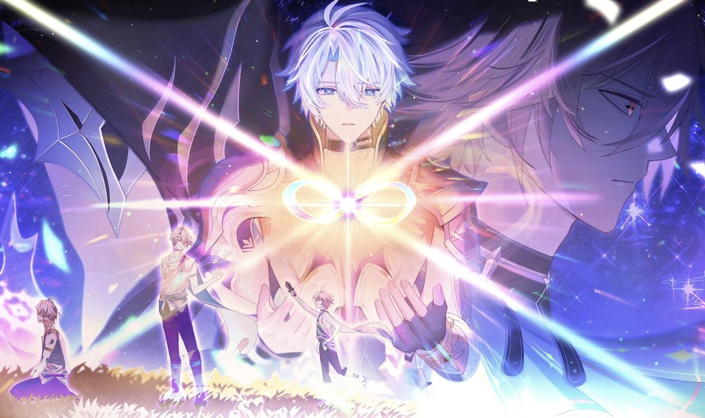 6+boys age_progression alternate_form antenna_hair arm_strap armor asymmetrical_sleeves black_choker black_cloak black_gloves black_pants black_shirt blonde_hair blue_eyes choker cloak coat commentary_request dark_persona fingerless_gloves flame_reaver_of_the_deepest_dark gloves honkai:_star_rail honkai_(series) hood hood_up hooded_cloak infinity_symbol kneeling male_focus mask multiple_boys multiple_persona pants parted_bangs pauldrons phainon_(a_dream_scented_in_wheat)_(honkai:_star_rail) phainon_(honkai:_star_rail) profile shirt short_hair shoulder_armor single_glove single_pauldron wan_xiaoliya white_coat white_hair yellow_eyes