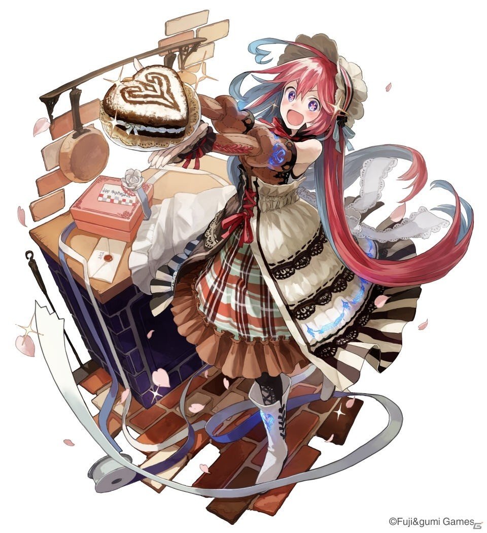 1girl :d aqua_hair boots brown_dress cake colored_inner_hair dress eve_(ta_ga_tame_no_alchemist) floating_hair food full_body furnace holding holding_cake holding_food letter long_hair looking_at_viewer multicolored_hair official_alternate_costume official_art open_mouth pink_hair smile solo ta_ga_tame_no_alchemist third-party_source valentine watarubou white_background white_boots