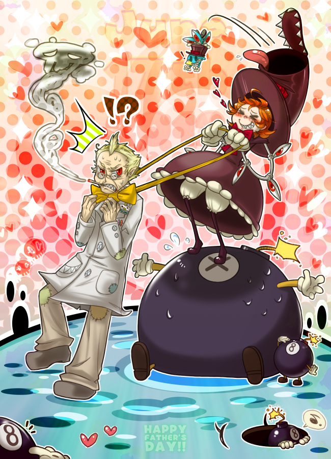 !? &gt;_&lt; 1boy 1girl ahoge avery_(skullgirls) avian_(skullgirls) bad_id bad_pixiv_id bird black_eyes blonde_hair bloomers blush bow bowtie child cigarette dr_avian_(skullgirls) dress english_text closed_eyes fangs father&#039;s_day frown george_the_bomb glasses gloves grin hat heart lab_coat lenny_the_bomb mechanical_arms orange_hair peacock_(skullgirls) red_eyes ribbon rt-sy short_hair skull skullgirls smile smoking tongue top_hat underwear