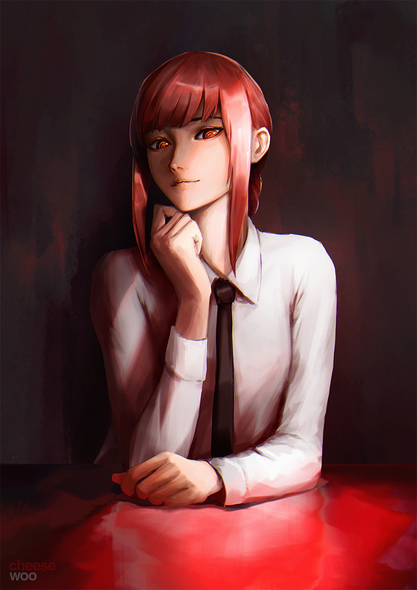 1girl artist_name chainsaw_man cheesewoo closed_mouth collared_shirt elbow_rest highres lips long_sleeves looking_at_viewer makima_(chainsaw_man) necktie pov_across_table red_eyes red_hair ringed_eyes shirt sidelocks solo upper_body white_shirt