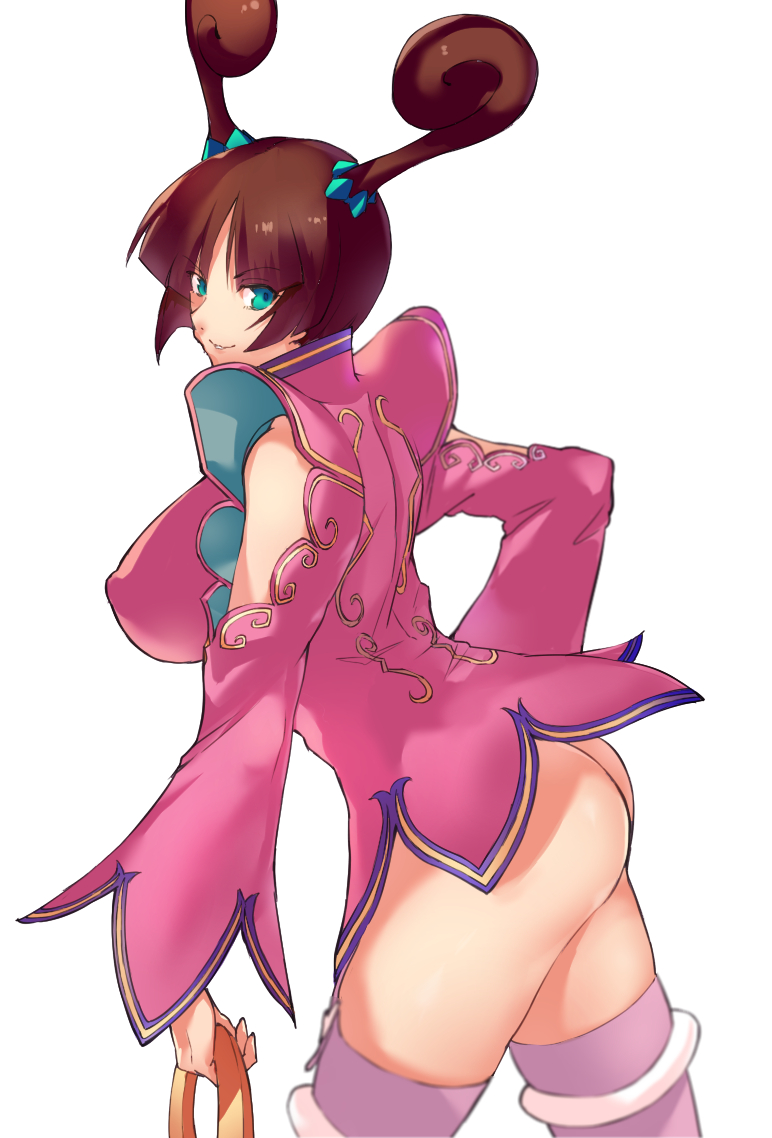 1girl ass breasts brown_hair capcom chinese_clothes green_eyes june_lin_milliam large_breasts looking_at_viewer parted_lips sideboob smile solo star_gladiator twintails