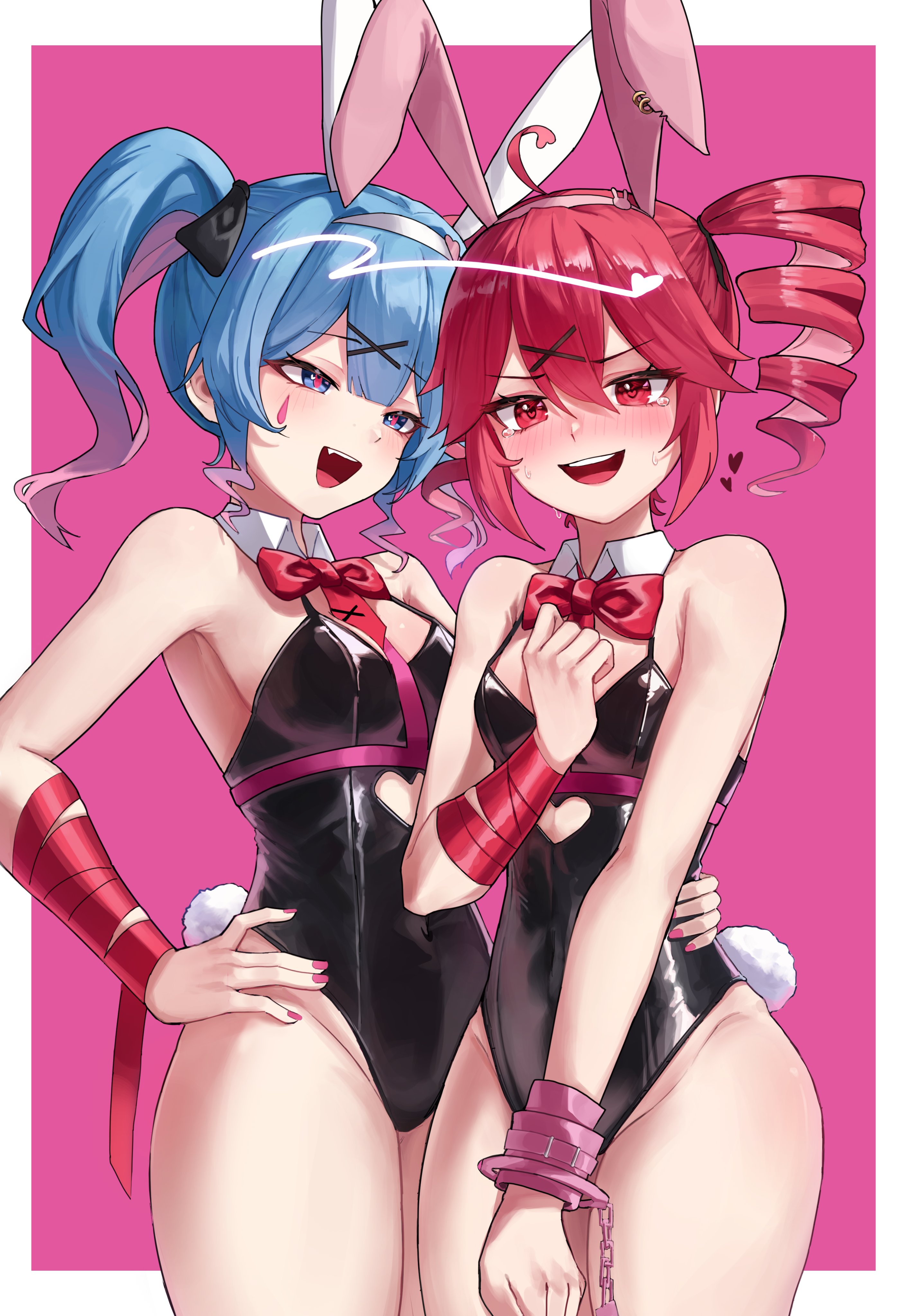 2girls absurdres ahoge animal_ears bandaged_arm bandages black_leotard blue_hair blush bow bowtie breasts commentary_request cowboy_shot cuffs drill_hair facial_tattoo fake_animal_ears fang fingernails hair_between_eyes hand_on_own_hip handcuffs hatsune_miku heart heart-shaped_pupils highres hu2924 kasane_teto leotard multicolored_hair multiple_girls open_mouth pink_background pink_hair pink_nails pink_tattoo playboy_bunny rabbit_ears rabbit_hole_(vocaloid) rabbit_tail red_bow red_bowtie red_eyes simple_background leotard small_breasts standing streaked_hair symbol-shaped_pupils tail tattoo tears teeth tongue twin_drills twintails two-tone_hair upper_teeth_only utau vocaloid