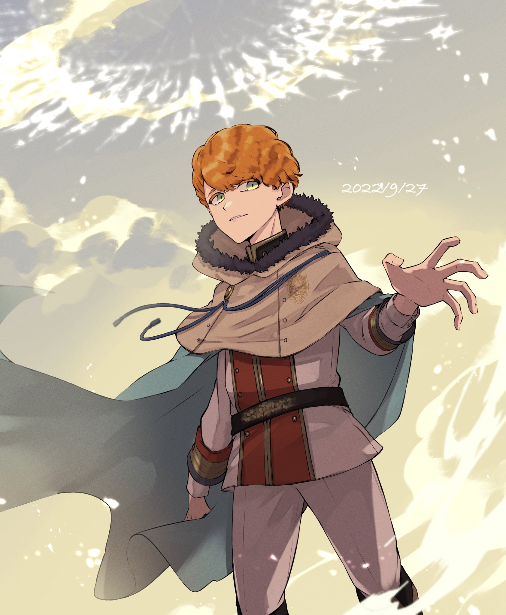 1boy aqua_cape black_clover brown_hair cape capelet dated fur-trimmed_capelet fur_trim golden_dawn_(emblem) green_eyes highres hood hooded_capelet langris_vaude light looking_at_viewer male_focus short_hair solo sumuna_sunaco swept_bangs uniform yellow_capelet