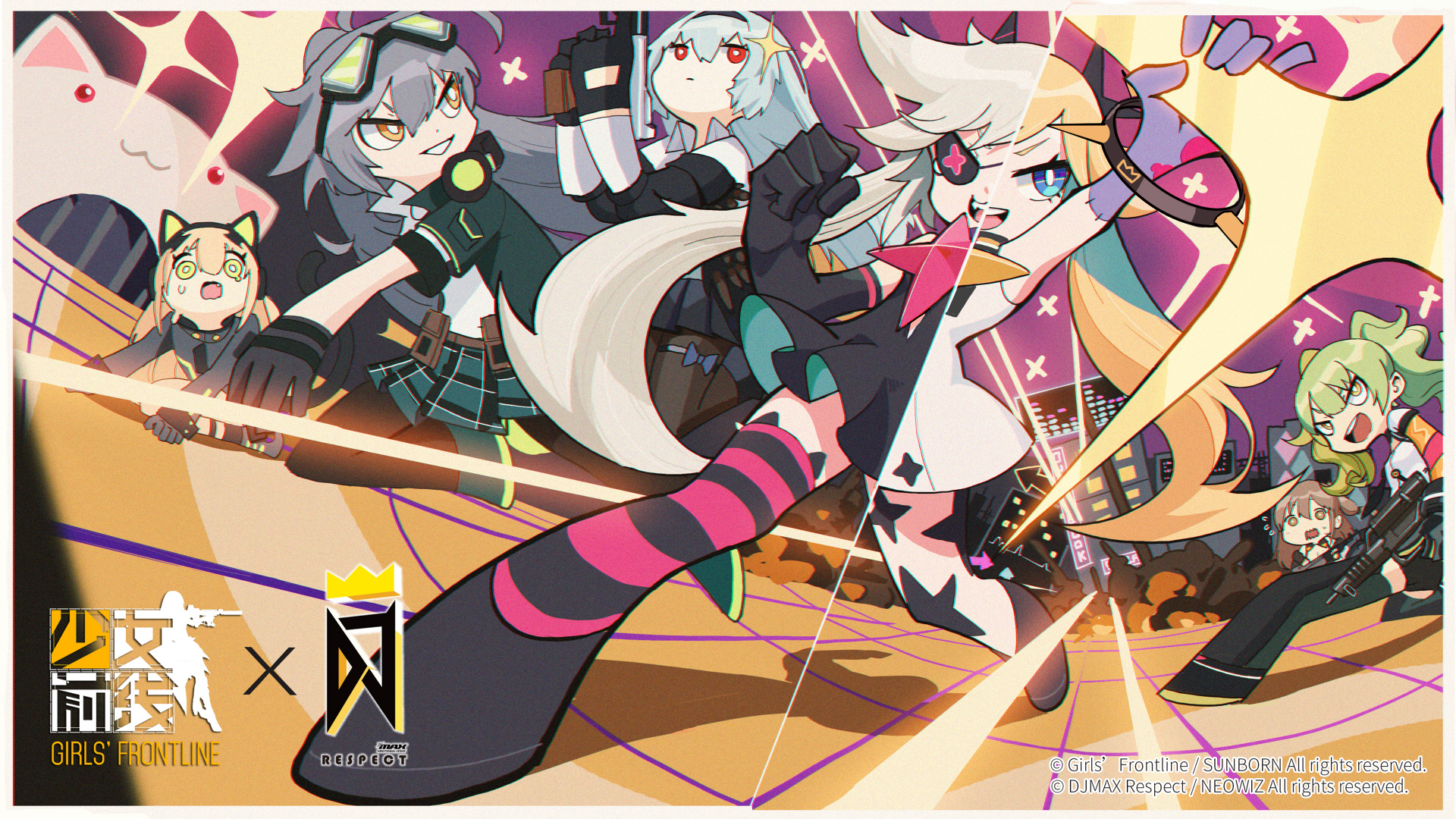 6+girls :3 aek-999_(girls'_frontline) ahoge all_fours animal_ear_headphones animal_ears artist_name bare_shoulders black_gloves black_legwear blonde_hair blue_eyes brown_eyes brown_hair building calico_m950 calico_m950a cat_ear_headphones cheek_pistol city clear_(djmax) copyright_name djmax djmax_respect double-stack_magazine dress expressionless eyepatch fail_(djmax) fake_animal_ears fake_tail full_body girls'_frontline gloves goggles goggles_on_head green_hair grey_hair gun hair_between_eyes hair_ornament hairband handgun headphones headphones_around_neck helical_magazine high-capacity_magazine highres holding holding_gun holding_weapon jacket jumping k2_(girls'_frontline) kyubey long_hair looking_at_viewer m950a_(girls'_frontline) machine_pistol mahou_shoujo_madoka_magica mahou_shoujo_madoka_magica_(anime) multiple_girls official_art open_mouth pantyhose parody pistol pleated_skirt prototype_design red_eyes rifle-caliber_handgun rifle-caliber_pistol shirt sidelocks skirt smile standing star_(symbol) tail thighhighs third-party_source thunder_(girls'_frontline) tmp_(girls'_frontline) triple_action_thunder twintails weapon white_dress white_shirt yellow_eyes