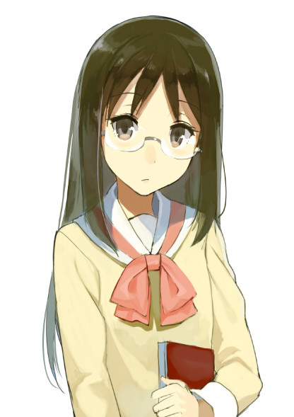 1girl black_eyes black_hair book brown_shirt expressionless glasses holding holding_book long_hair looking_at_viewer minakami_mai nichijou sailor_collar sasamori_tomoe school_uniform serafuku shirt simple_background solo tokisadame_school_uniform white_background white_sailor_collar