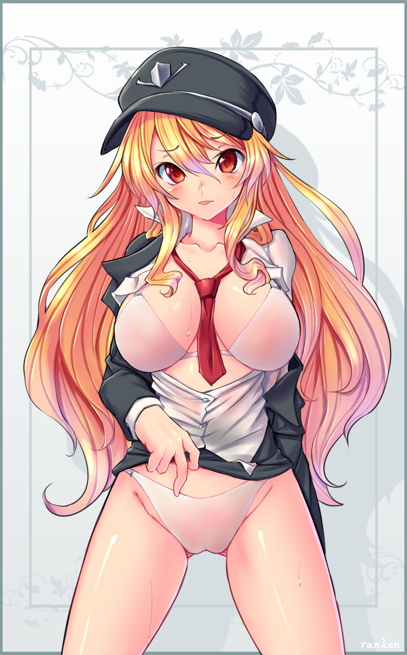 1girl :p bad_id bad_pixiv_id between_breasts black_shirt blonde_hair blush border bra breasts breasts_apart cowboy_shot dungeon_and_fighter female_focus female_gunner_(dungeon_and_fighter) grey_background grey_border hat highres large_breasts legs_apart long_hair looking_at_viewer middle_finger necktie necktie_between_breasts open_clothes open_shirt outside_border panties peaked_cap plant popped_collar ranken red_eyes red_necktie shadow shirt solo spread_legs standing tongue tongue_out underwear white_bra white_panties white_shirt