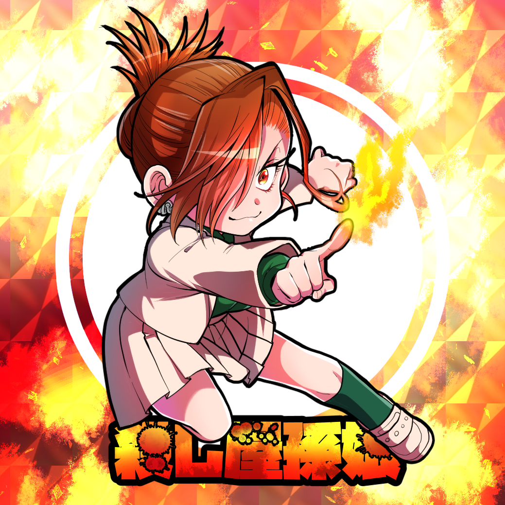 chibi commentary_request earrings fire folded_ponytail full_body grandaughter_of_pycal hair_over_one_eye jacket jewelry looking_at_viewer lupin_iii marimo_(yousei_ranbu) pleated_skirt pointing red_hair school_uniform shoes skirt smile socks translation_request